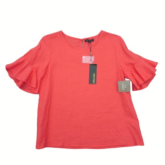 Ruffle Sleeve 100% Linen Blouse For Cynthia Size S Coral Bright Spring Top Shirt - Picture 9 of 9